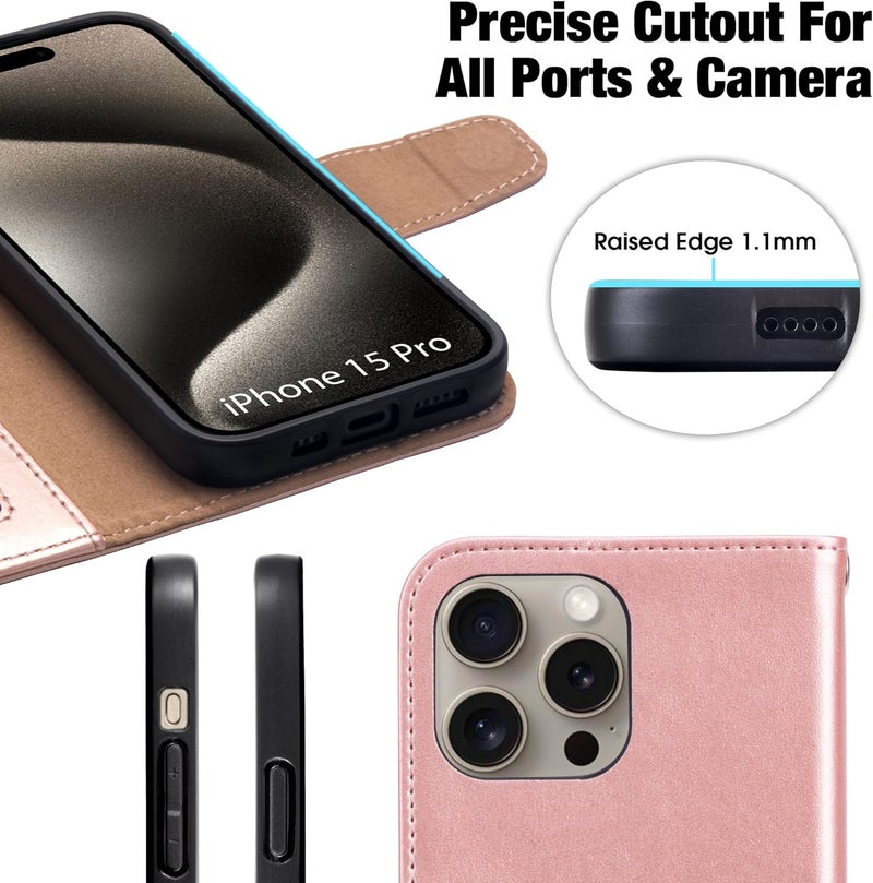 Arae Compatible with iPhone 15 Pro Case with Card Holder and Wrist Strap Wallet Flip Cover for iPhone 15 Pro 6.1 inch,Rose Gold - Image 4